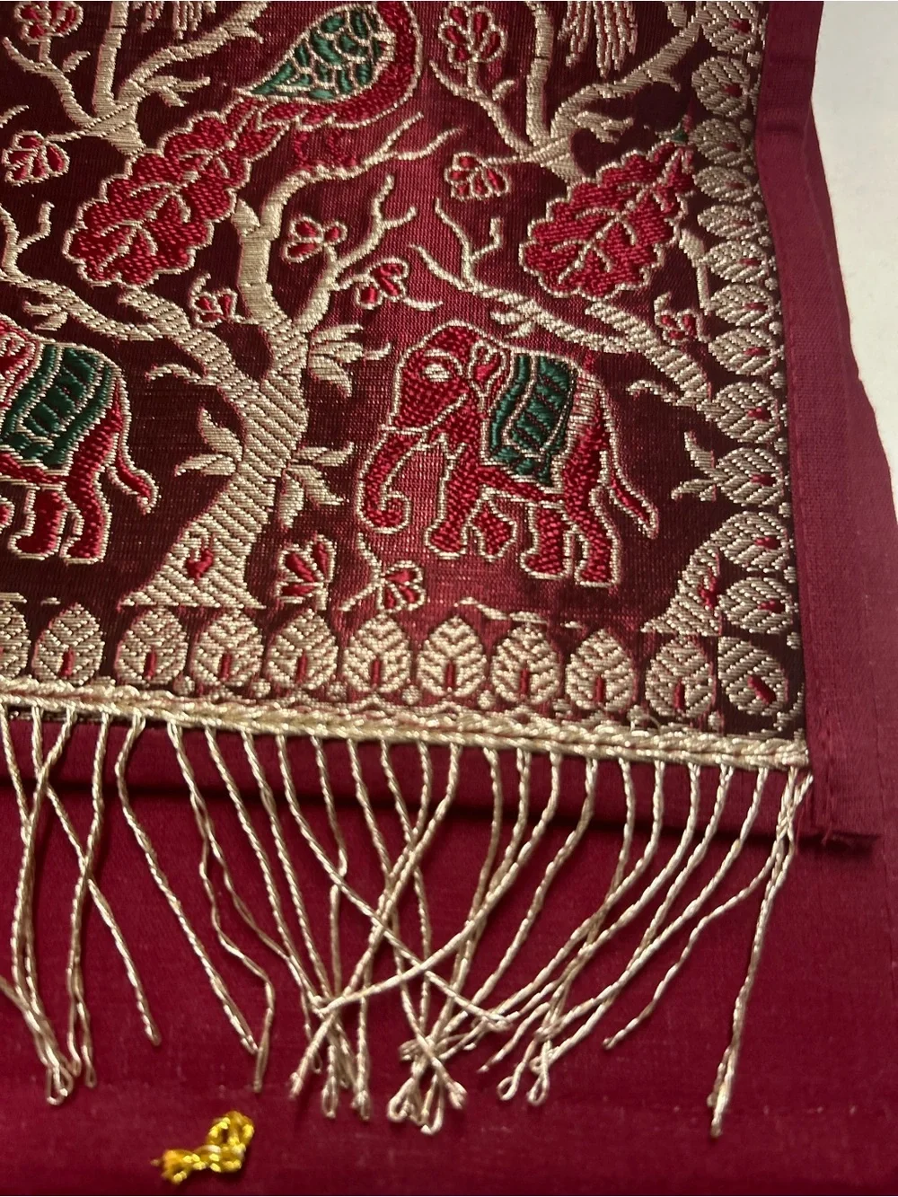 Embroidered Tapestry Wall Hanging with Elephants & Peacocks Gold, Red, Green